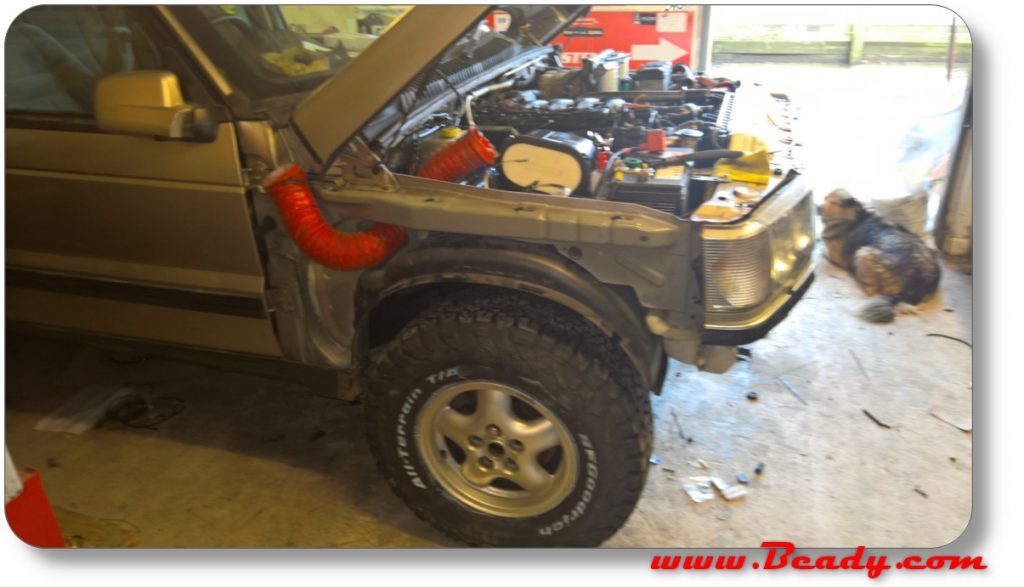 snorkel pipe fitted on inner wing of range rover