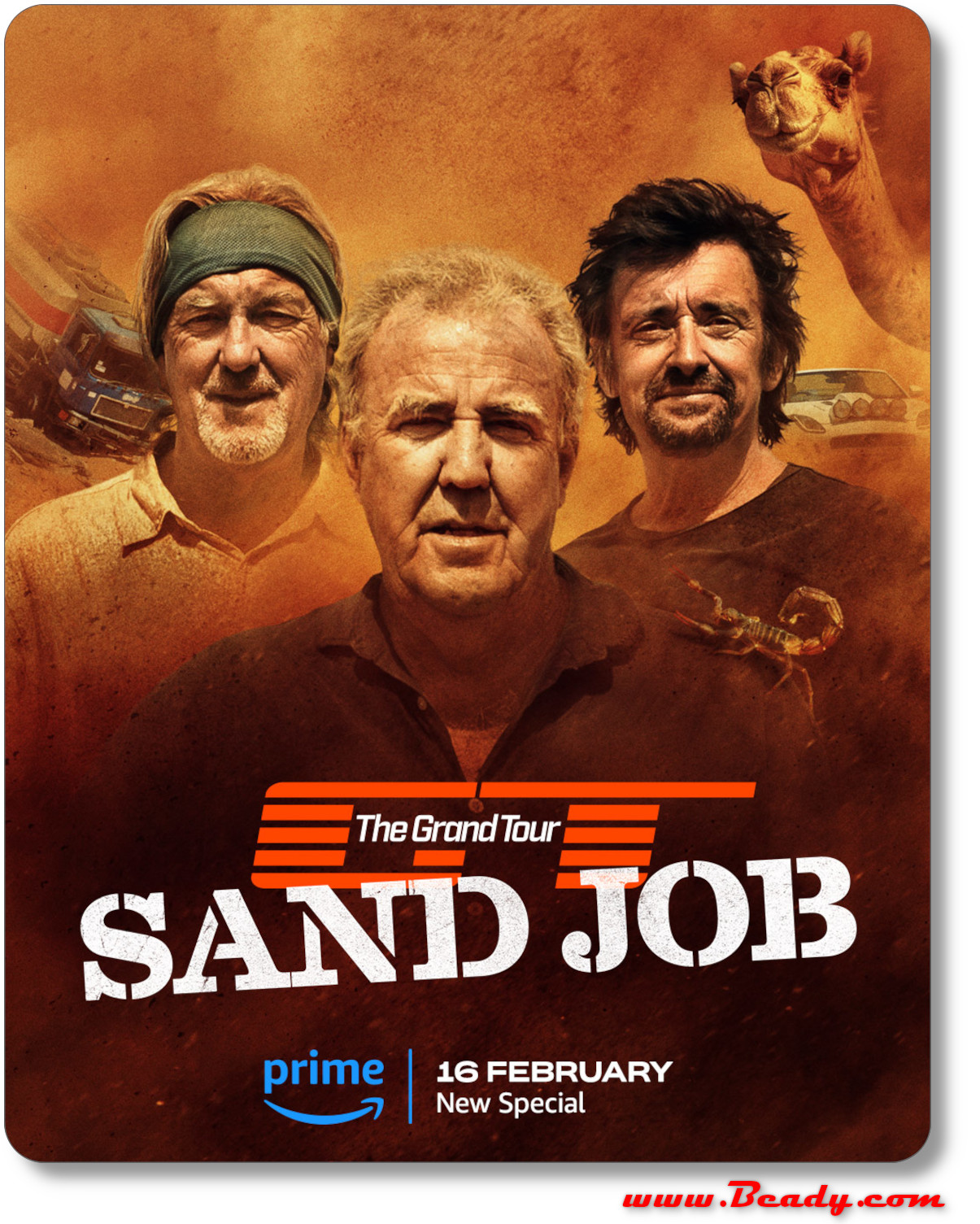 the Grand tour SAND JOB poster, Clarkson, Hammond and May race 3 cars built by Beady race in the Sahara