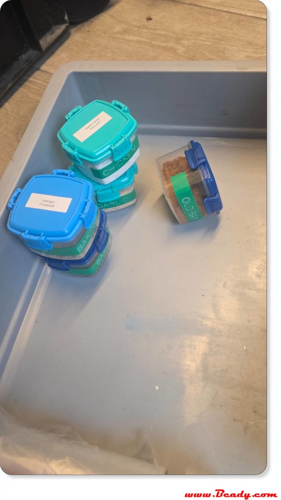 Shake-proof camping spice organiser designed for Land Rover, Toyota and Nissan overland builds using 62ml Sistema spice containers in a compact Eurobox storage drawe