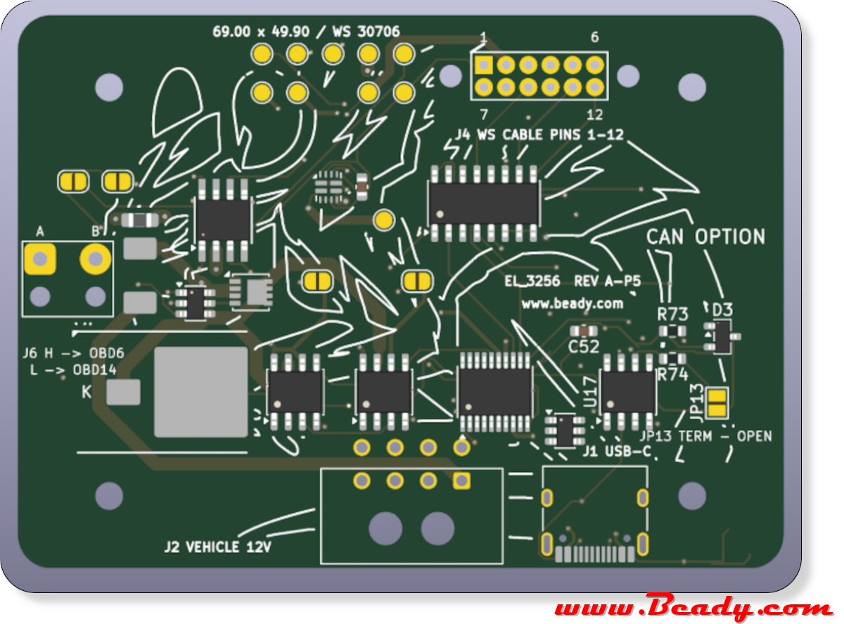 PCB layout for the Beady P38 diagnostics interface board with CAN option