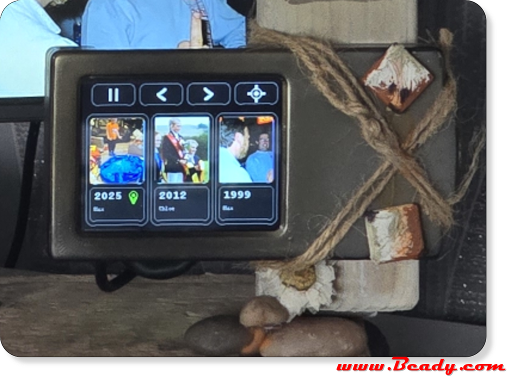 ImmichFrame RP2350 touch controller showing three live photo thumbnails